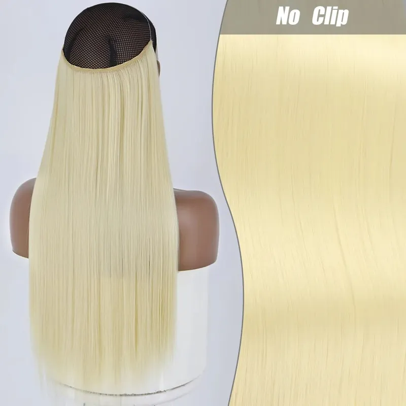 Synthetic Long Wavy No Clips Invisible Wire Hair Extensions Black Brown Blonde Fish Line False Hairpiece Piece — image 31