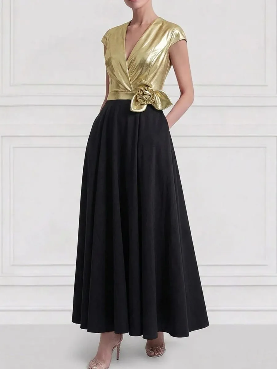 Women's Cap Sleeve V Neck Wrap Maxi Dress Contrast Splicing Floral Applique Detail A Line Pleated Long Dress Elegant Formal Evening Outfit — image 4