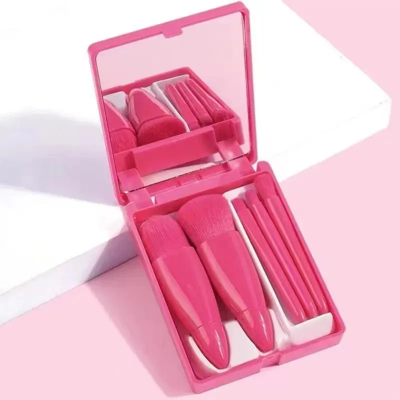 5pcs Mini Makeup Brush Set with Mirror - Multifunctional Travel Cosmetic Brushes Unscented Palm Brush Design Makeup Tools — image 9