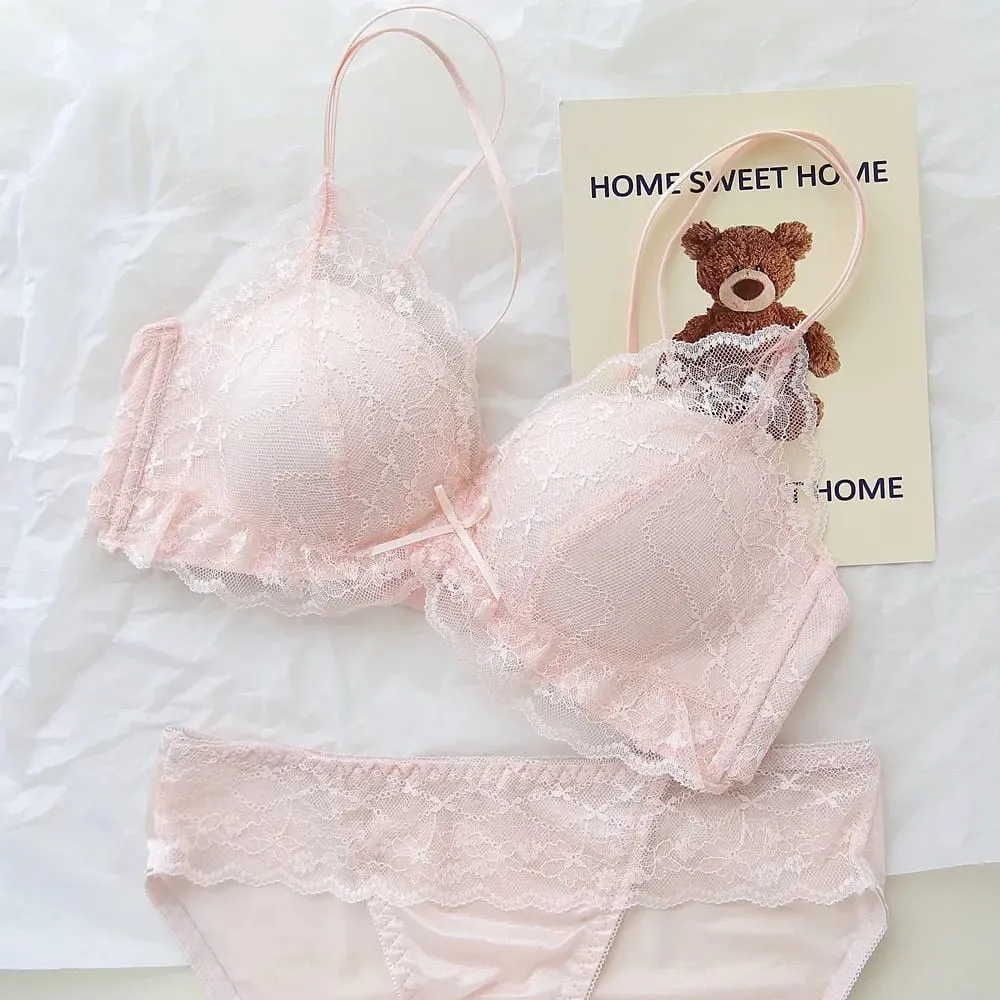 Ensemble de lingerie en dentelle transparente douce, soutien-gorge sans fil à double bretelles pour soulever et rassembler les petits bustes — image 2