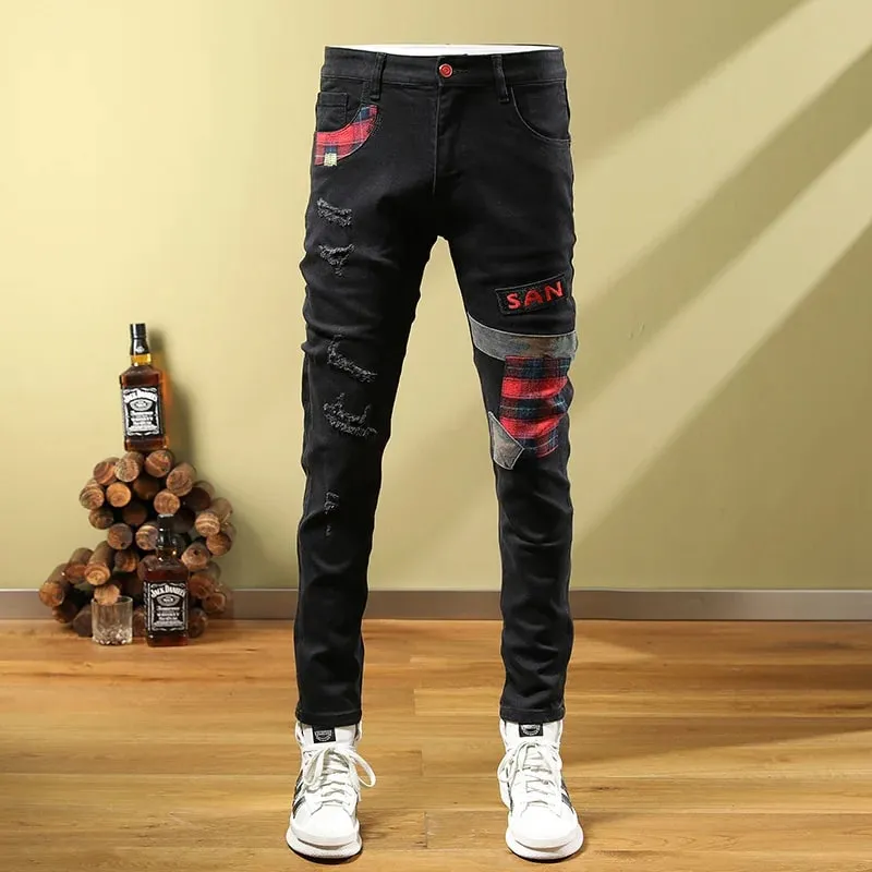 Men's Ripped Jeans with Patchwork Design Slim Fit Skinny Spring Trendy Street Motorcycle Style Black Long Pants