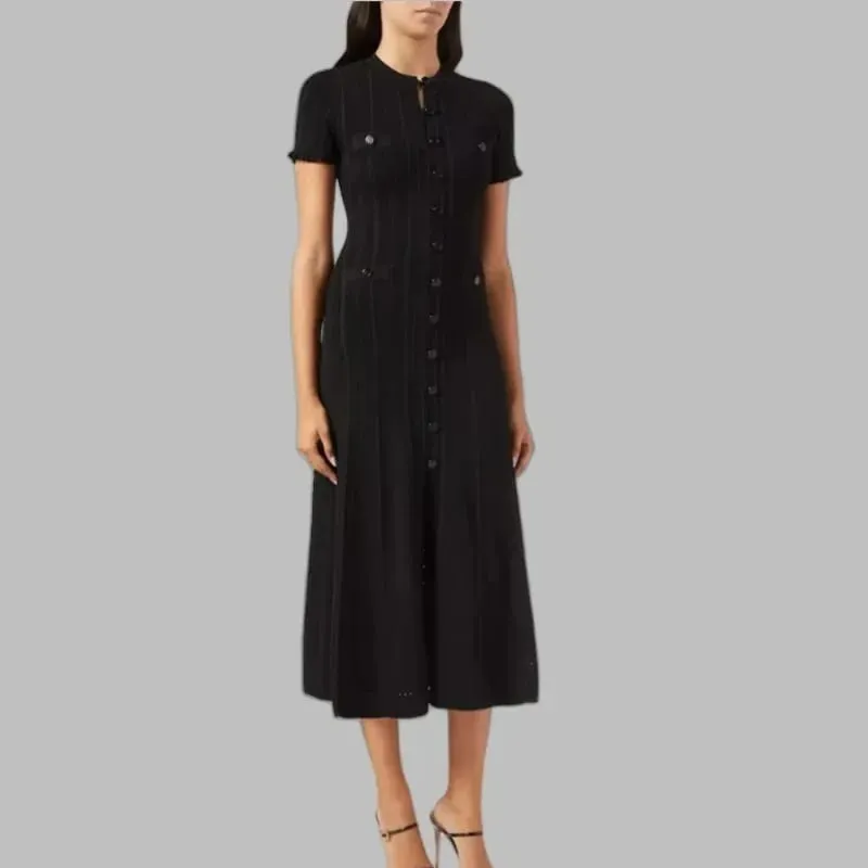 Pakaian Panjang Berkait Gaya Perancis Leher bulat Berongga keluar Skirt Tepi Kayu Elegan Musim Gugur Mewah Wanita Fesyen Pakaian One Piece