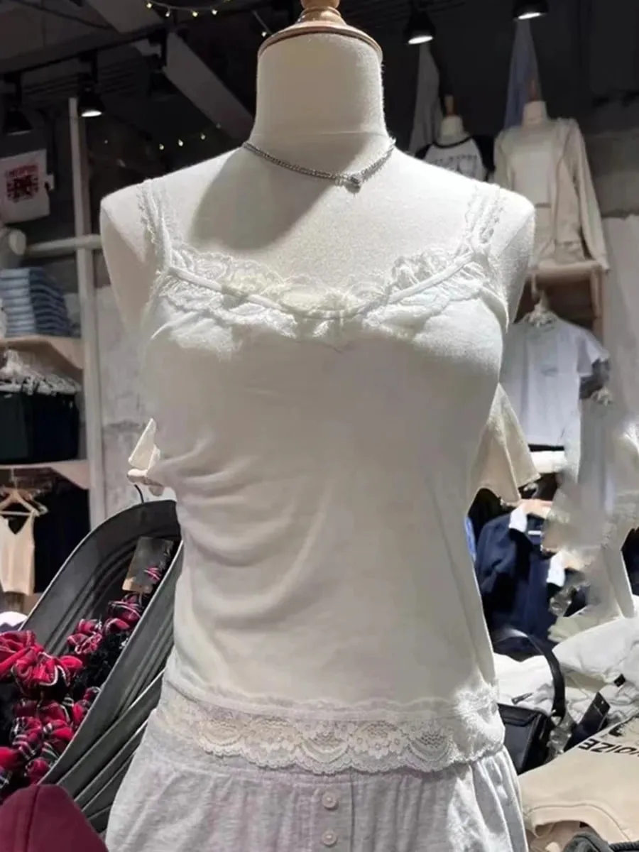 甜美蕾丝拼接连衣裙修身吊带背心女夏季白色性感简约纯棉柔软无袖马甲女复古别致Y2K吊带衫 — image 2