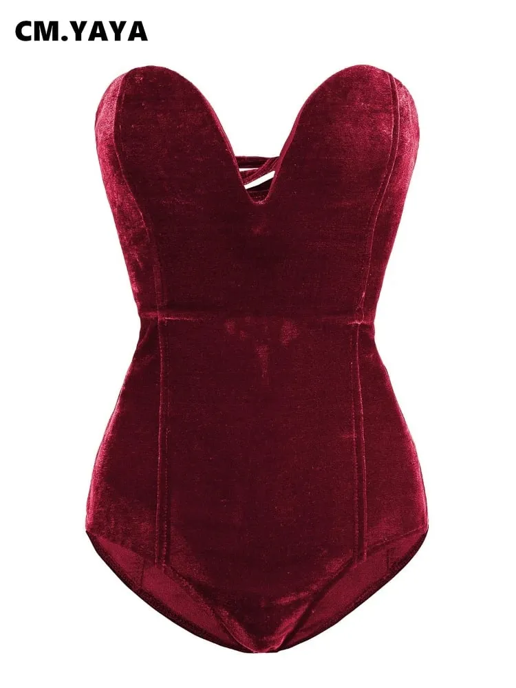 CM.YAYA Vintage Women Velvet Strapless Sleeveless Bodycon Bodysuits 2025 Spring Basic Sexy Party Evening Club Tops One Piece — image 2