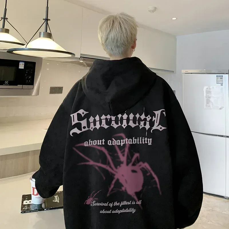 Autumn Gothic Spider Printed Hooded Sweatshirts Hombre Harajuku Streetwear Graphic Suede Hoodies Aesthetic Oversized Y2K Hoody