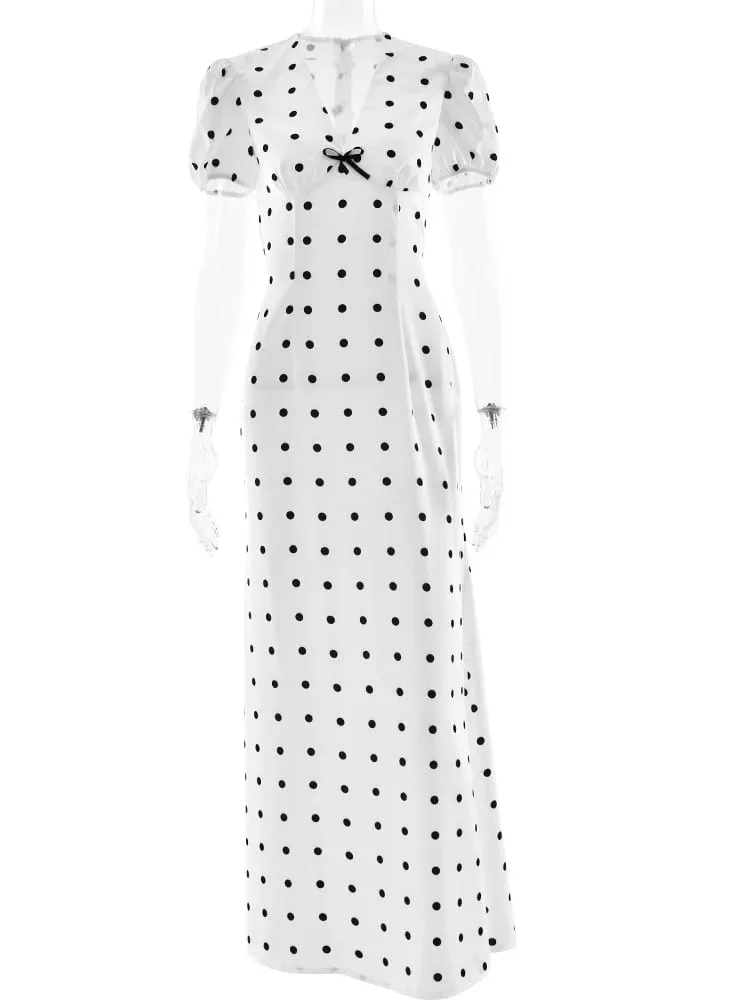 MO Sexy V-neck Print Polka Dot Women Maxi Dress White Short Sleeve Lace Up Dress Summer Slim Elegant Party Evening Dress