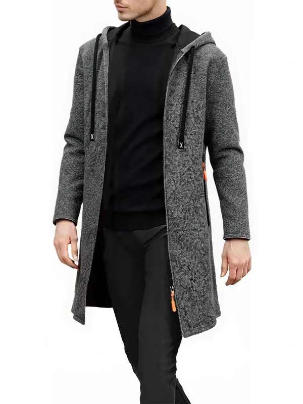 2Pcs Set Men Mid-Length Full Zip Hooded Jacket Fleece Lined Warm Coat with Drawstring Hood & Zipper Pockets Casual Outerwear for Fall Winter Daily Wear