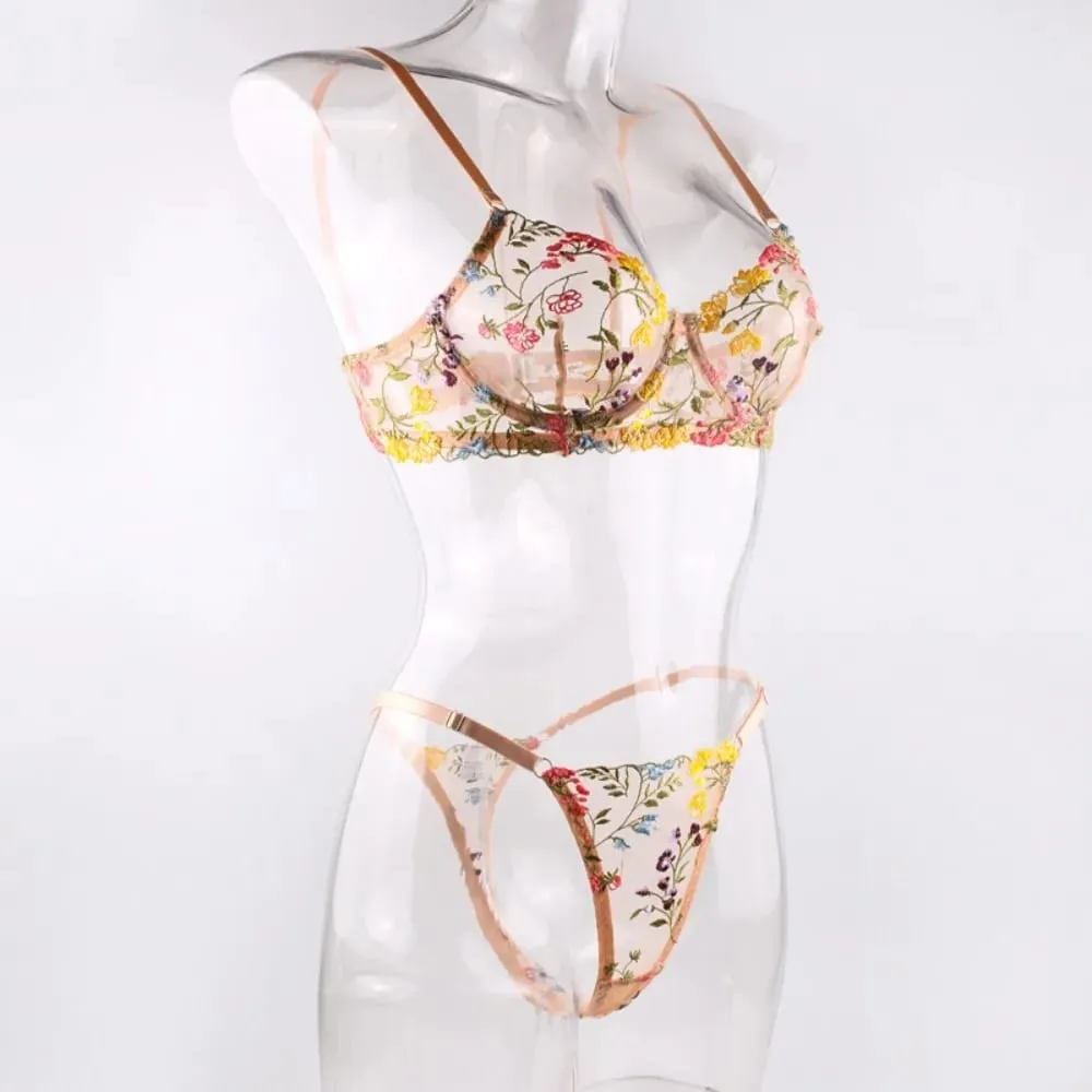 2 피스 보헤미아 꽃 란제리 세트 쉬어 자수 속옷 Intimates 다목적 Underwire 푸시 업 브래지어 팬티 세트 레이디 소녀 — image 2