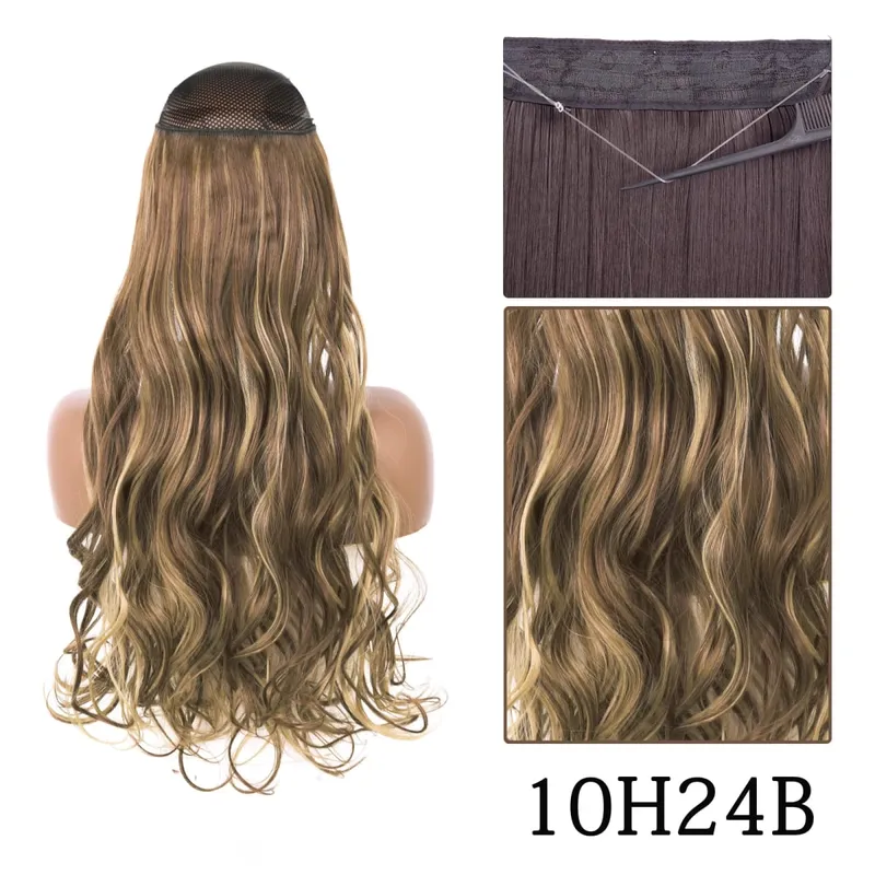 Synthetic No Clip Adjustable Fish Line Hair Extensions Natural Blonde Brown Long Wavy Heat Resiatant Hairpiece For Women