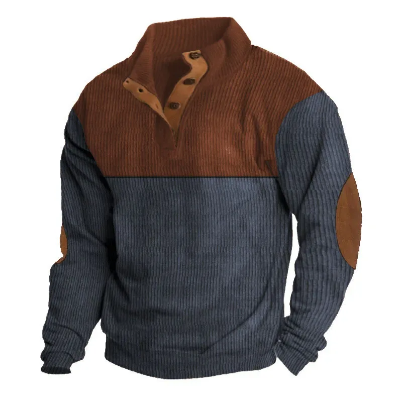 Men's Hoodies Spring And Autumn Corduroy Casual Patchwork Stand Collar Button Sports Hoodie Man Clothing — image 15