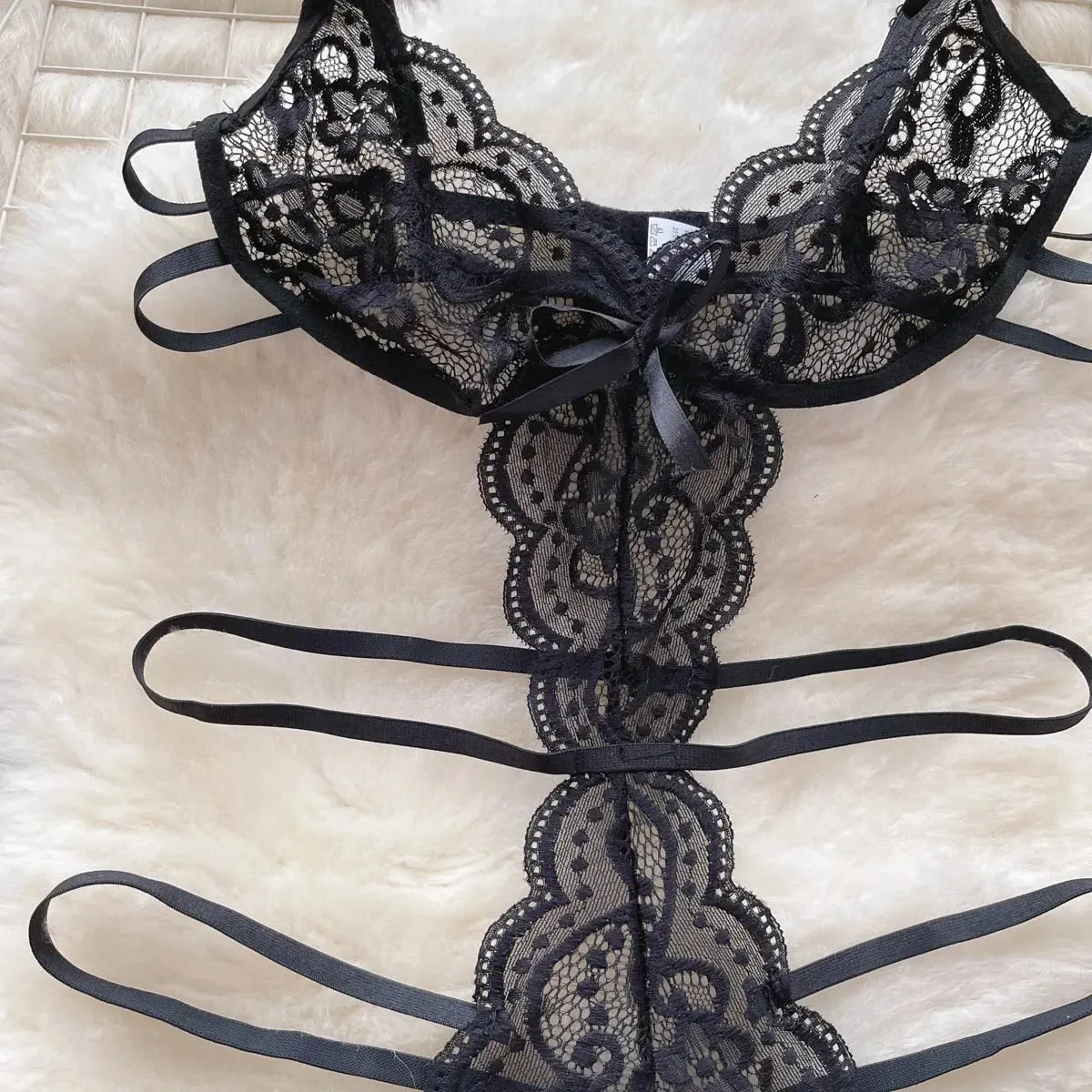 Women' Hollow Lace Camisole Bodysuit V-Neck Backless Sleeveless Erotic Lingerie Slim Fit Bow Pajamas Sexy Black Sheer Playsuit — image 4