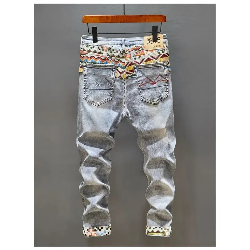 Stitching Embroidered Printed Jeans Men's Cool Smart Street Fashion Design Pattern Slim Fit Feet High-End Washed Trousers — image 1