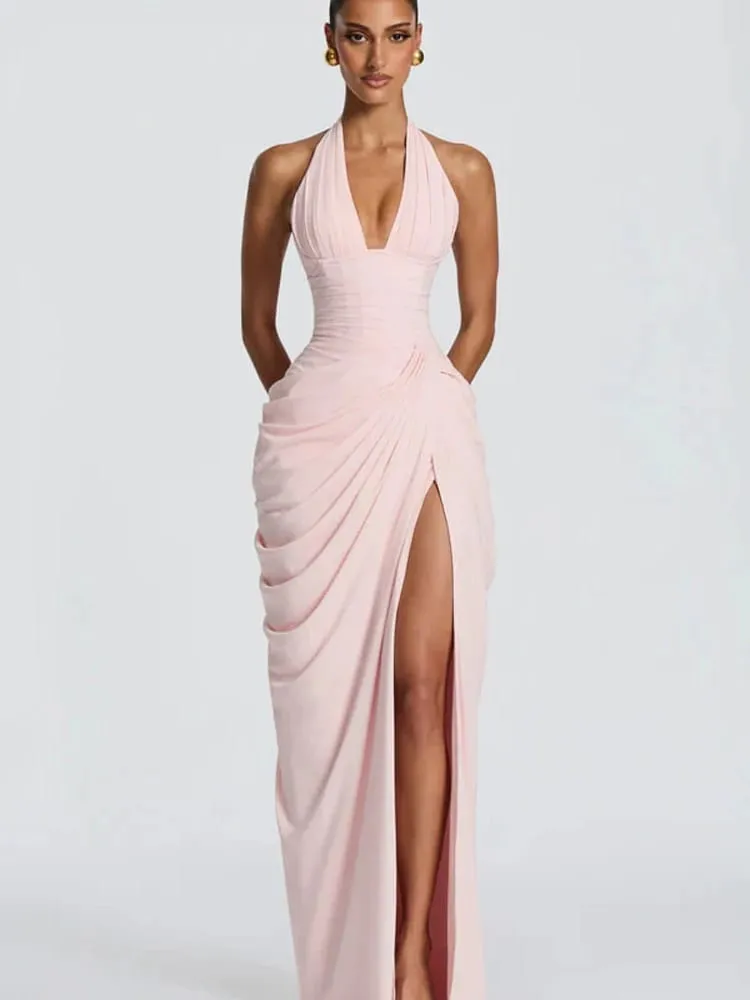섹시한 솔리드 Pleated 홀터 드레스 여성 패션 민소매 Backless 허리 cinching 분할 맥시 드레스 2026 여름 레이디 파티 가운 — image 5