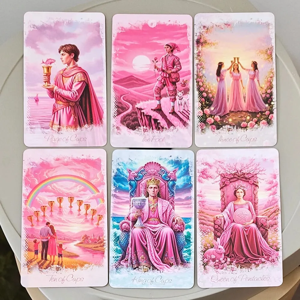 Rosa romantisches Fantasy-Tarot-Deck in Blechbox, 78 Karten, komplettes Deck mit Anleitungsbuch, 11 x 6,2 cm, spirituelles Wahrsagungs-Orakel
