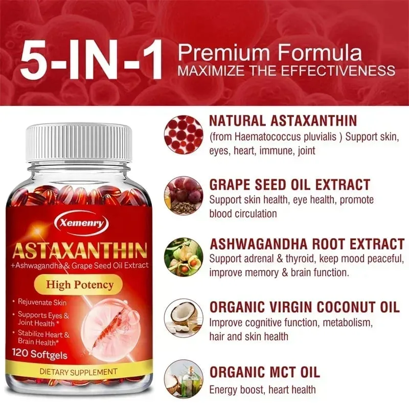 Astaxanthin Softgels 24mg - Support Skin Eye Joint Health Anti-oxidation Relieve Eye Fatigue Enhance ImmunitySupplements