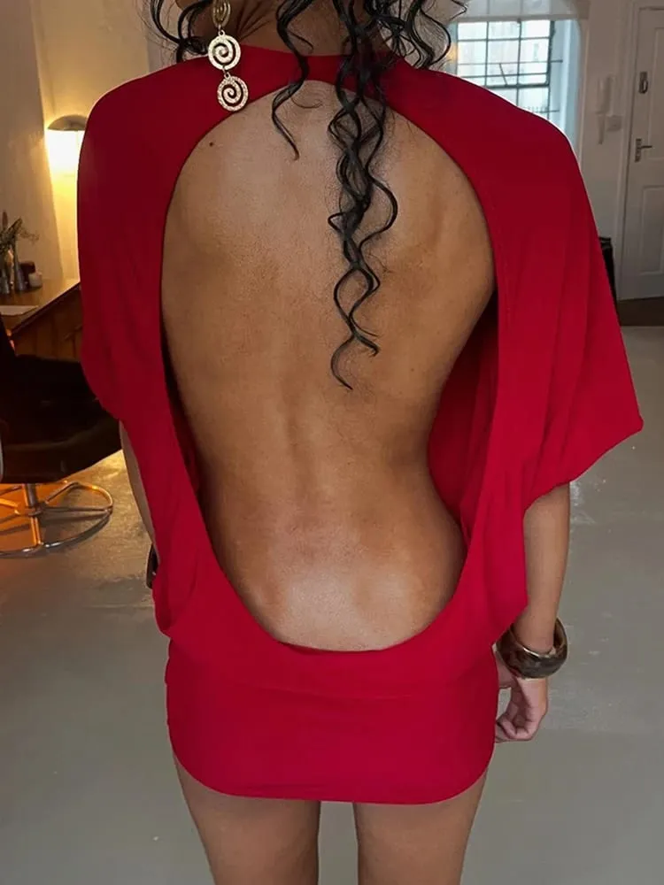 Cutenew Solid Backless Women Mini Dress Trend Summer Sexy Chic Half Sleeve Crew Neck Body-shaping Frock Mujer Simple Party Wear — image 5