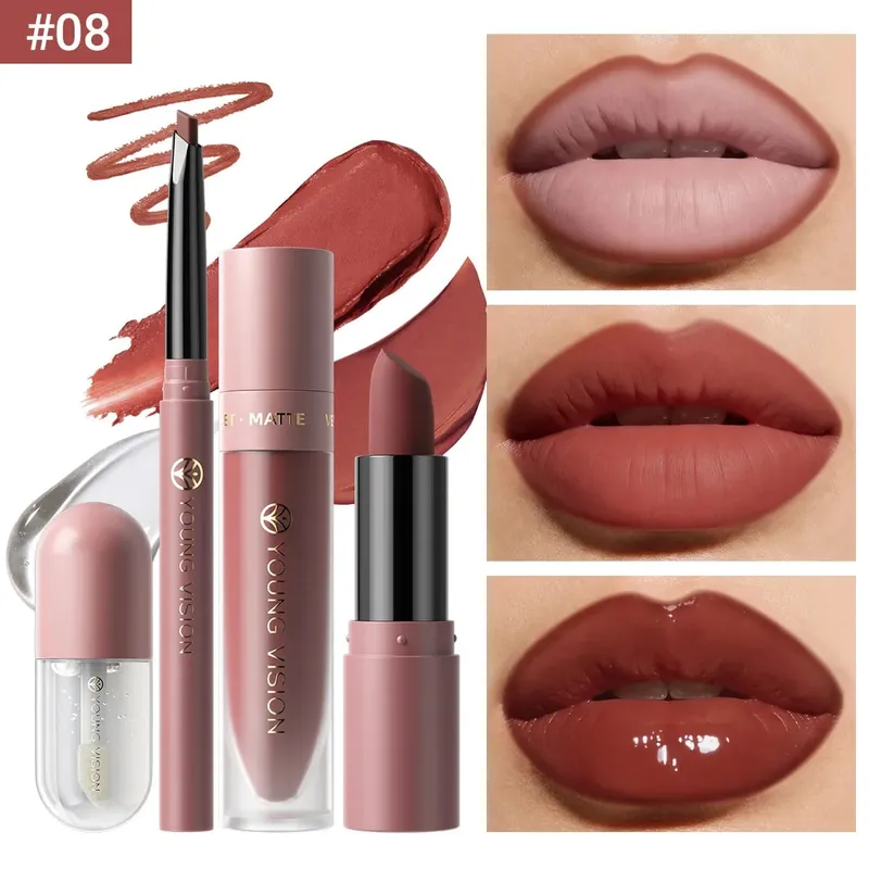 Set 4Pcs Lip Makeup Kit Liner Lipstick Liquid Lip Oil 8 Colors Optional Matte Velvet Lip for Daily Party Makeup — image 13