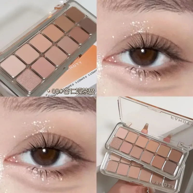 Paleta de sombras de ojos de baja saturación de 12 colores, paleta de maquillaje de ojos de albaricoque y té mate, maquillaje diario de tierra, sombras de ojos de larga duración