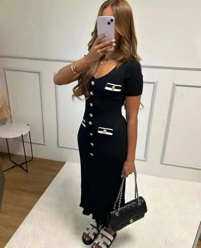 Elegant Knitted Maxi Dresses Bodycon Short Sleeve Ruffles Single Breasted 2025 New Dress Casual Communte Streetwear Vestidos — image 2