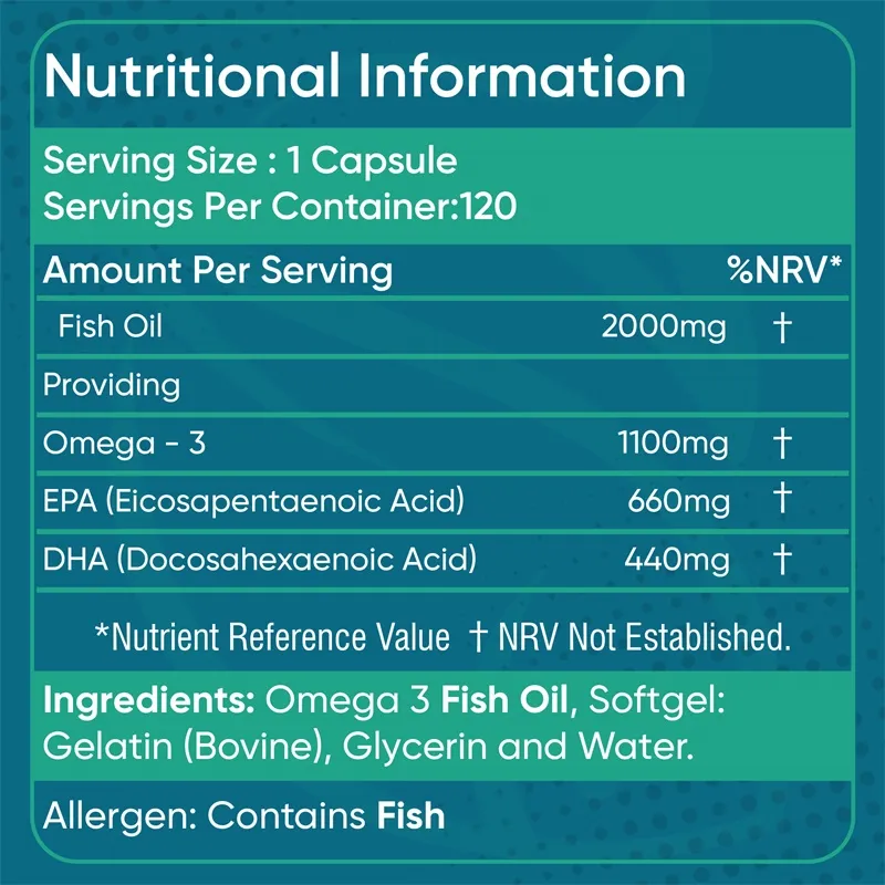 Omega 3 Fish Oil 2000mg - Helps Maintain Normal Brain Function and Healthy Vision Boosts Natural Energy and Improves Immunity