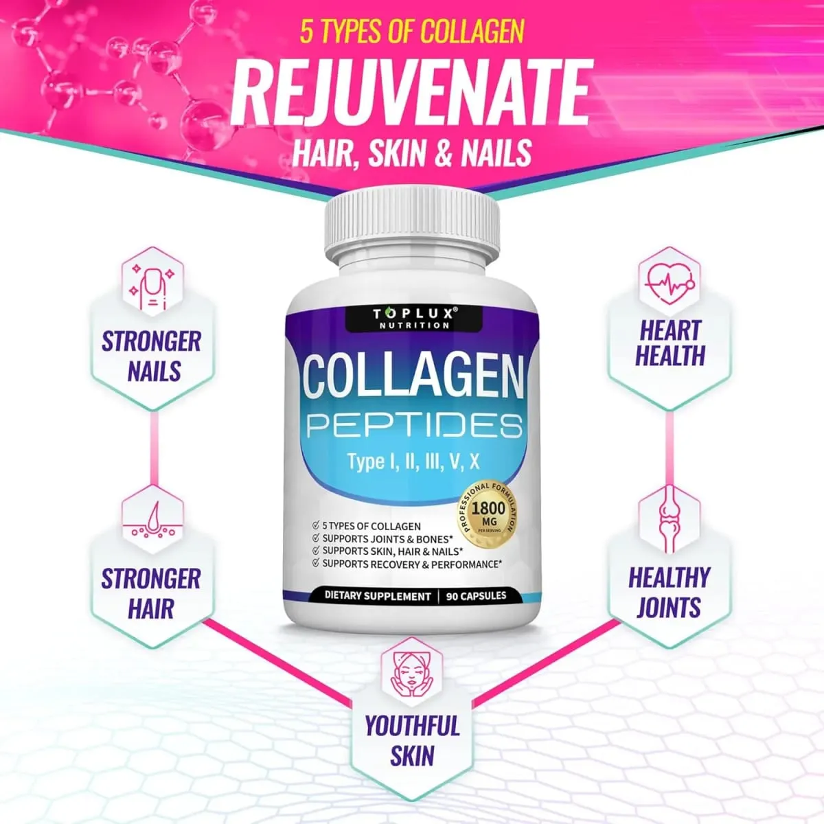 Cápsulas de péptidos de colágeno múltiple 1800 mg - Las píldoras complejas de colágeno de proteína hidrolizada promueven la piel y las articulaciones del cabello para hombres y mujeres — image 4