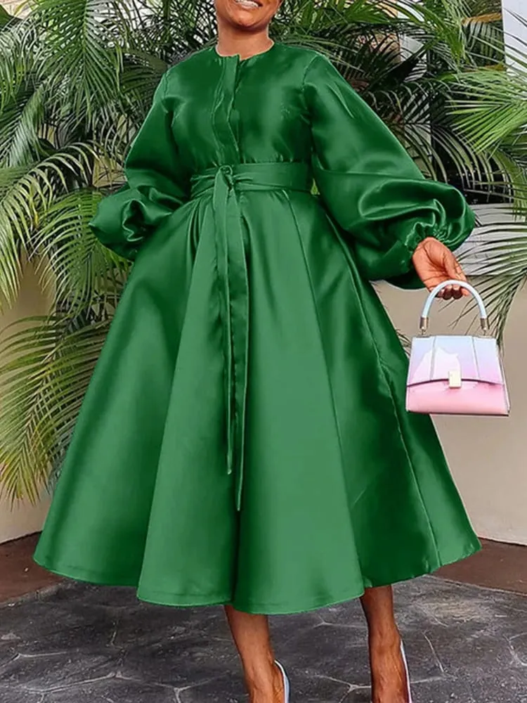 Satin Puff Sleeve Evening Dress for Women Pleated A-Line Round Neck Elegant Party Club Casual Solid Midi Dress with Belt 2025 — image 6