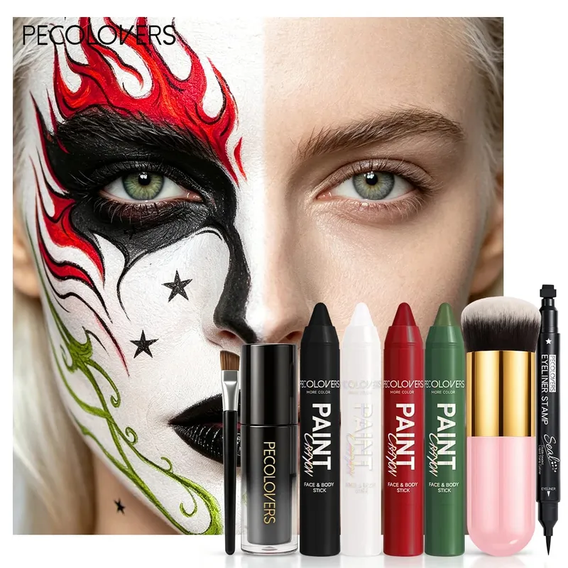 8PCS Halloween Gothic Facial Body Painting Suit Multi-color Paint Pen Star Eyeliner Pen Black Lipstick and Two Makeup Brushes
