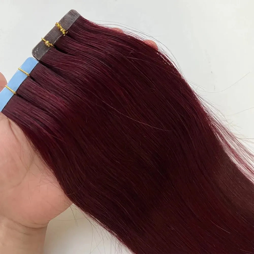 99J# Invisible Tape in Human Hair Extensions 30g/pack Burgundy Real Natural Straight Human Hair for Women