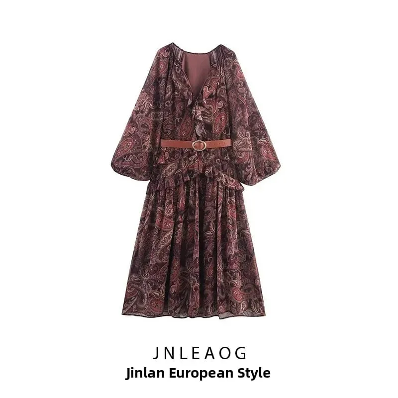 Faionable Spring New Women's V-ne Printed Dr with Belt High Waist Pleated Casual Sle Long Sve Zipper Closure Dr — image 2