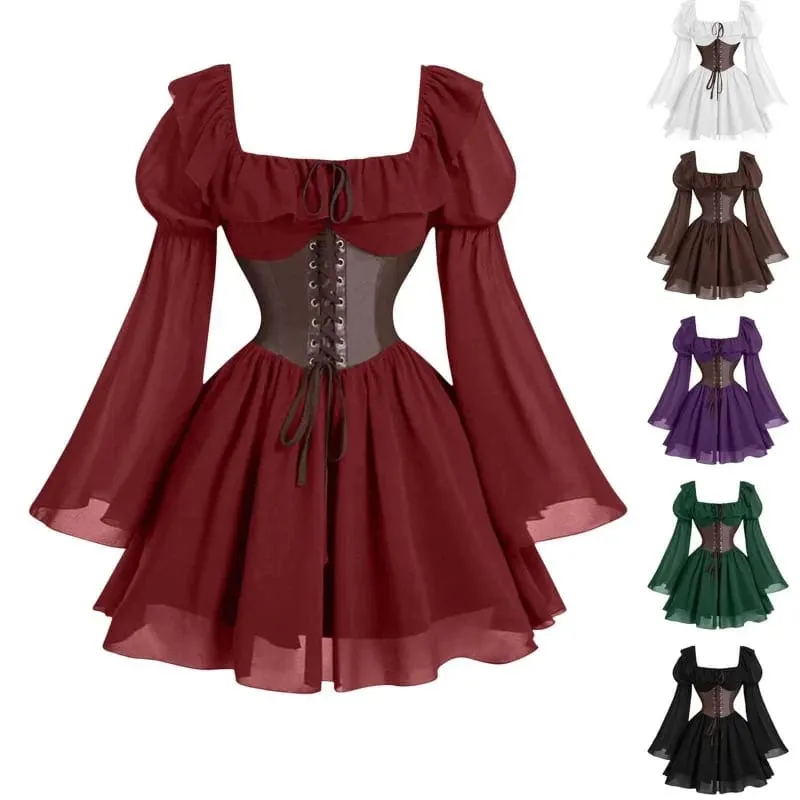 Zaman Renaissance Abad Pertengahan Baru Lengan Panjang Wanita Bubble Sleeve Dress Halloween Fesyen Retro Parti Baharu Skirt Pinggang