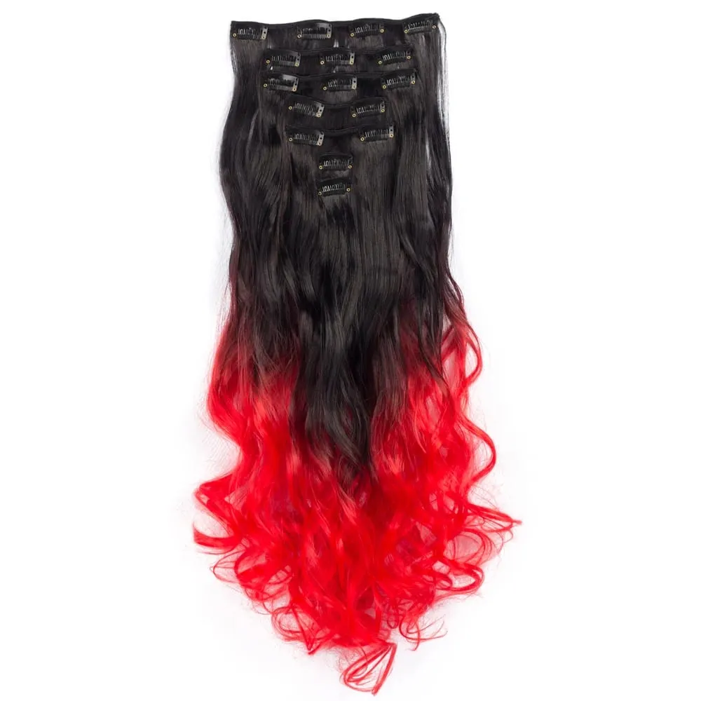 Clip in Long Wavy Synthetic Hair Extension 22 Inch Black 7PCS Thick Hairpieces Fiber Double Weft Hair for Women