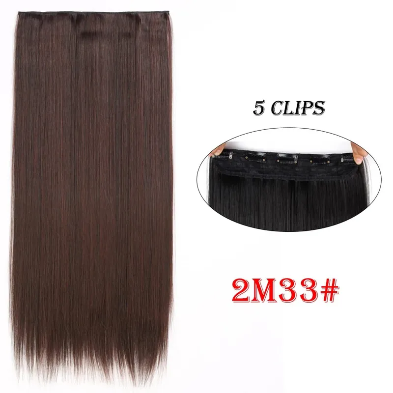 One Piece Clip In Hair Extensions 24" Straight Thick Synthetic Clip In Hairpieces Highlights Black Brown Soft For Women Daily
