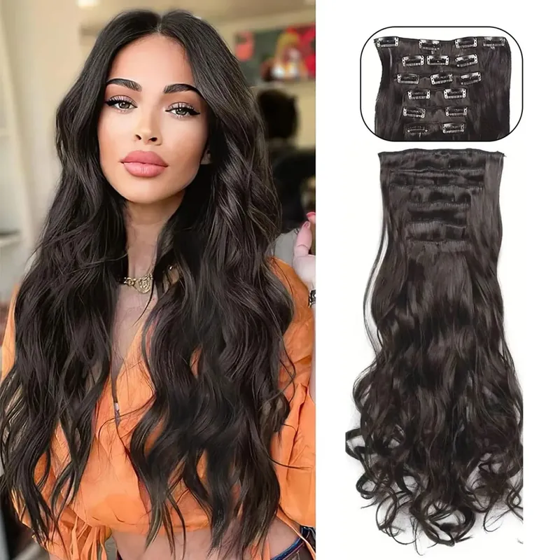 Clip-in-Haarverlängerung, lang, gewellt, Kunsthaar, 61 cm, Schwarz, 6 Stück, dicke Haarteile, Faser-Doppelschusshaar für Frauen — image 8