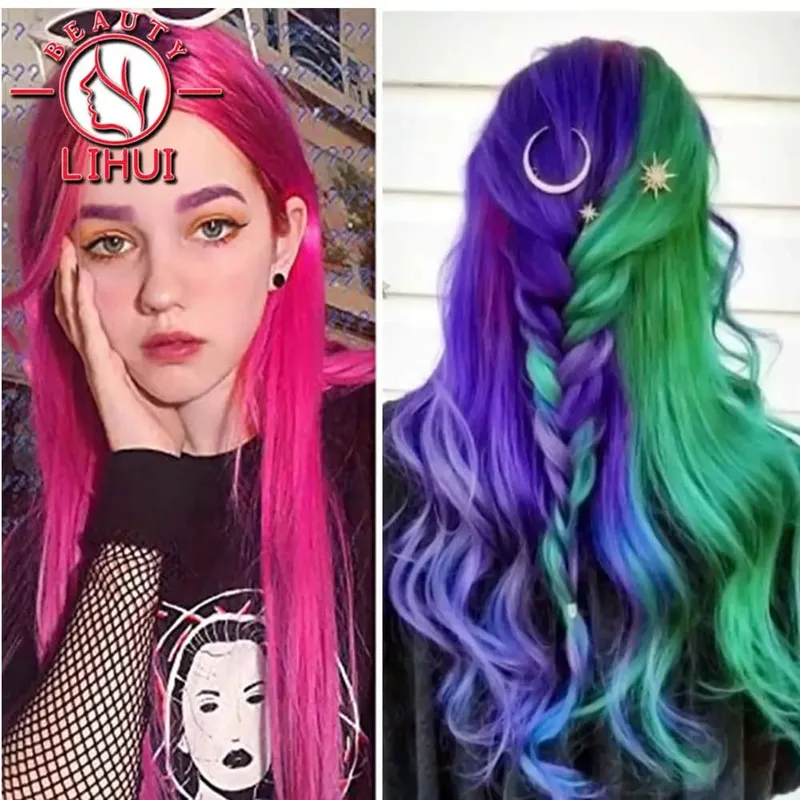 Long Straight Color Hair Piece Hair Extensions Clip In Highlight Rainbow Hair Streak Pink Synthetic Hair Strands on Clips