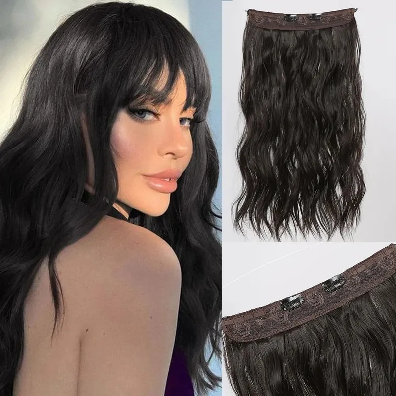 Invisible Wire Hair Extensions with Transparent Adjustable Size 2 Clips Long Wavy One Piece Hairpiece Golden Brown for Women