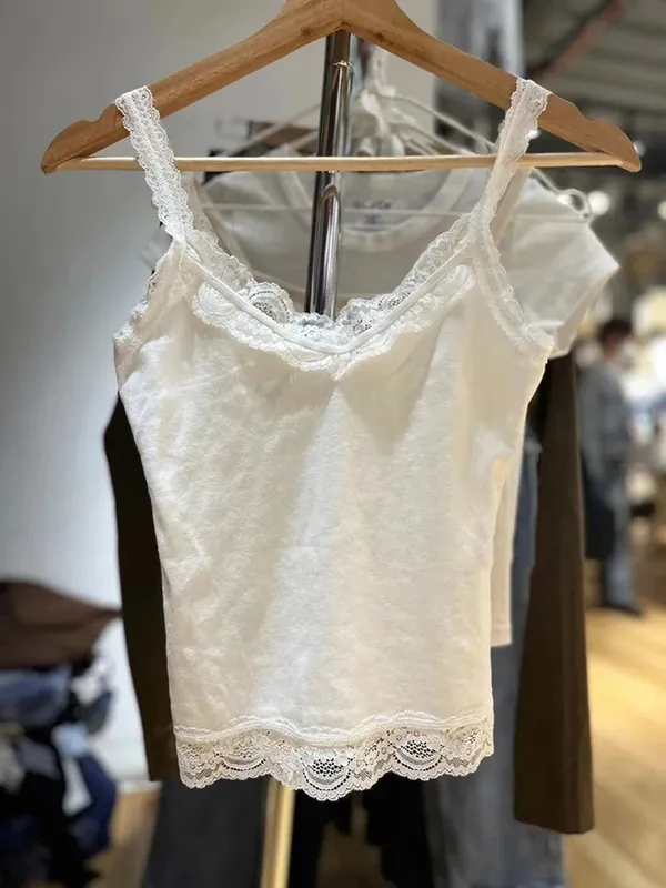 甜美蕾丝拼接连衣裙修身吊带背心女夏季白色性感简约纯棉柔软无袖马甲女复古别致Y2K吊带衫 — image 5