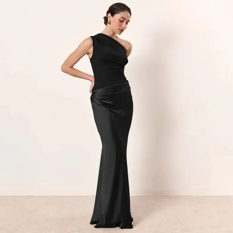 Patchwork Satin Sexy Dress Women One Shoulder Brown Sleeveless Evening Maxi Dress 2025 New Summer Elegant Party Clubwear Dresses — image 8