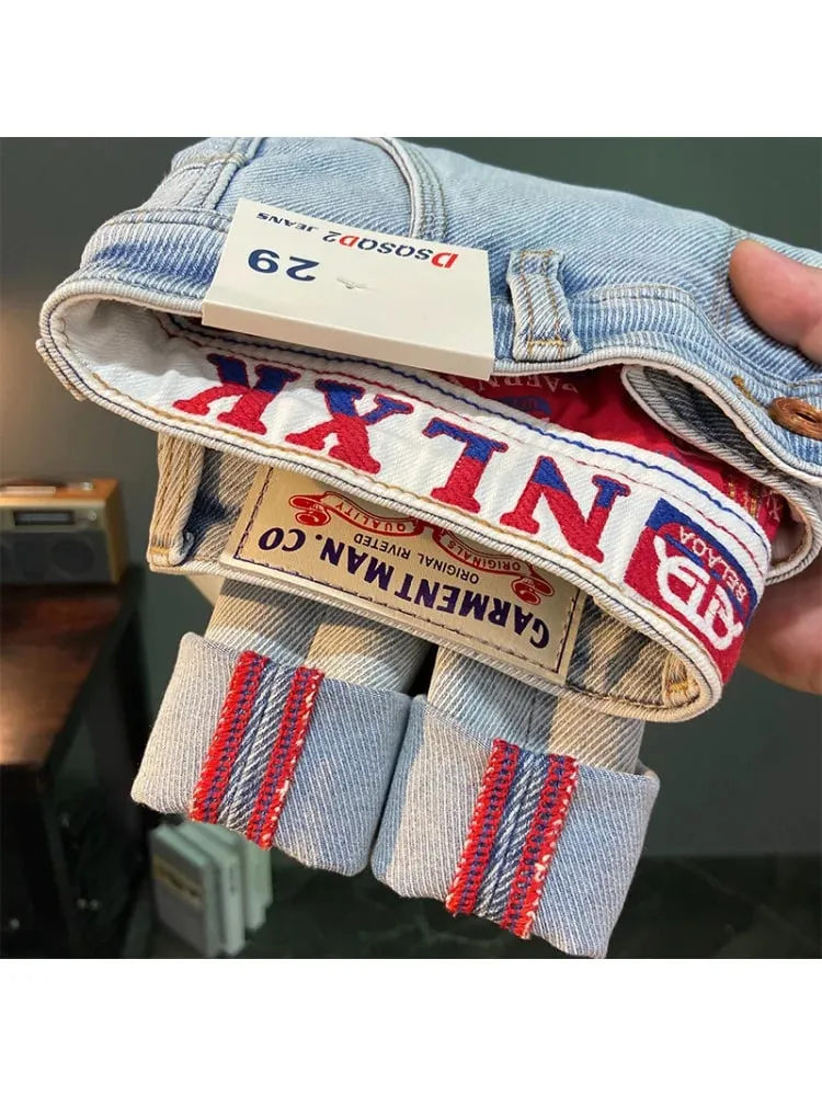 Printed Embroidered Summer Trendy Brand Jeans for Men Light Blue Elastic Slim Fit Small Feet Thin Pants — image 6