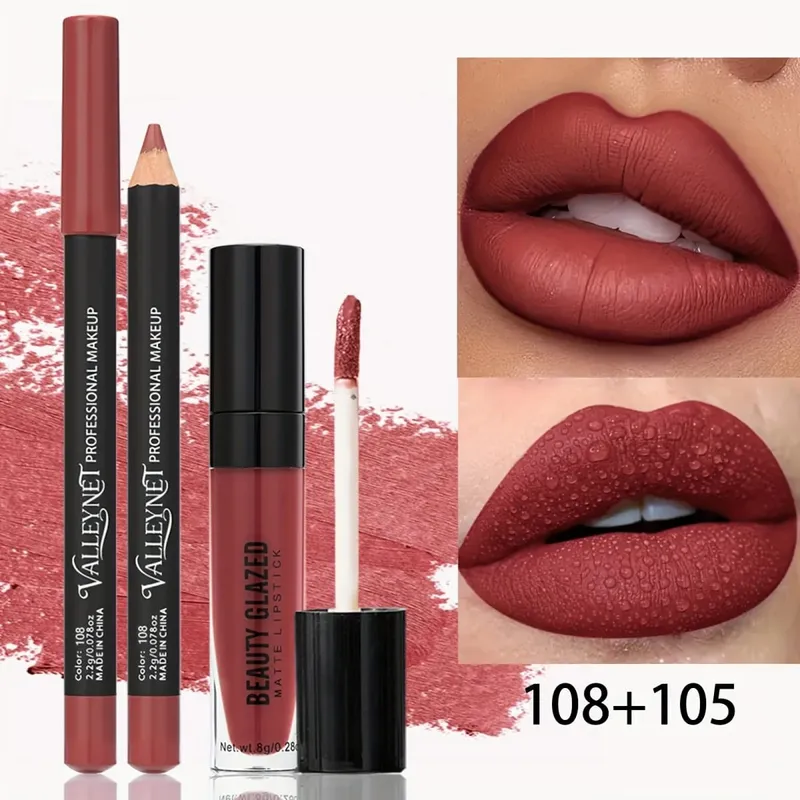 2pcs Wooden Lipstick Pens with 1pc Matte Lip Gloss Set Long-Lasting Resistant Waterproof Ideal Beauty Products for Gifting. — image 4