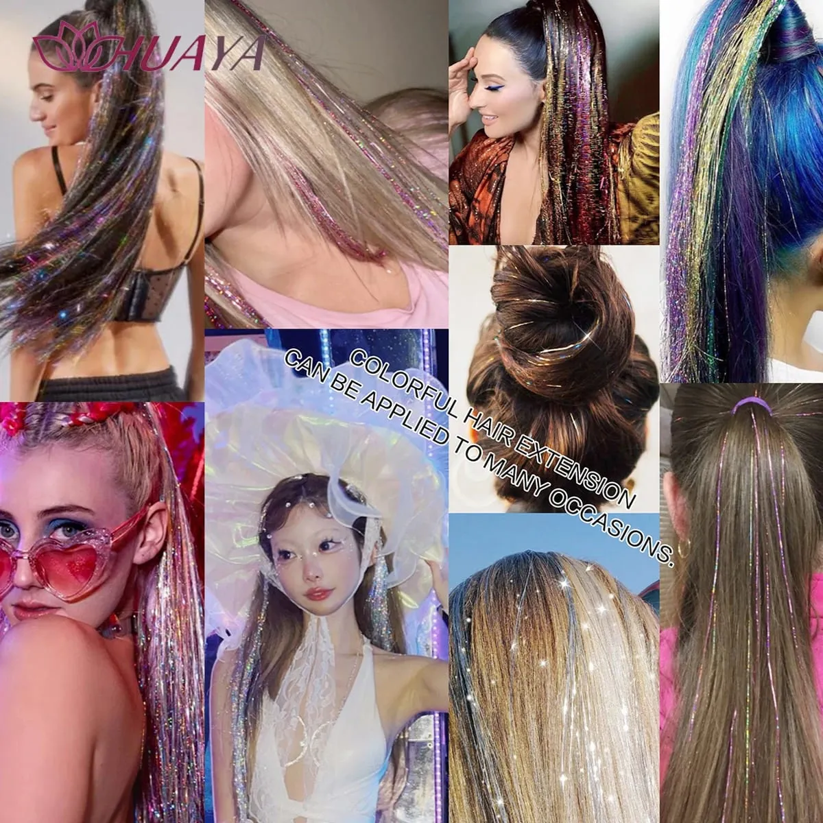 Synthetic Multicolor Colorful Sparkle Clip in Hair Tinsel Strands Long Straight Hair Extensions Blue Silver Highlight Hairpieces