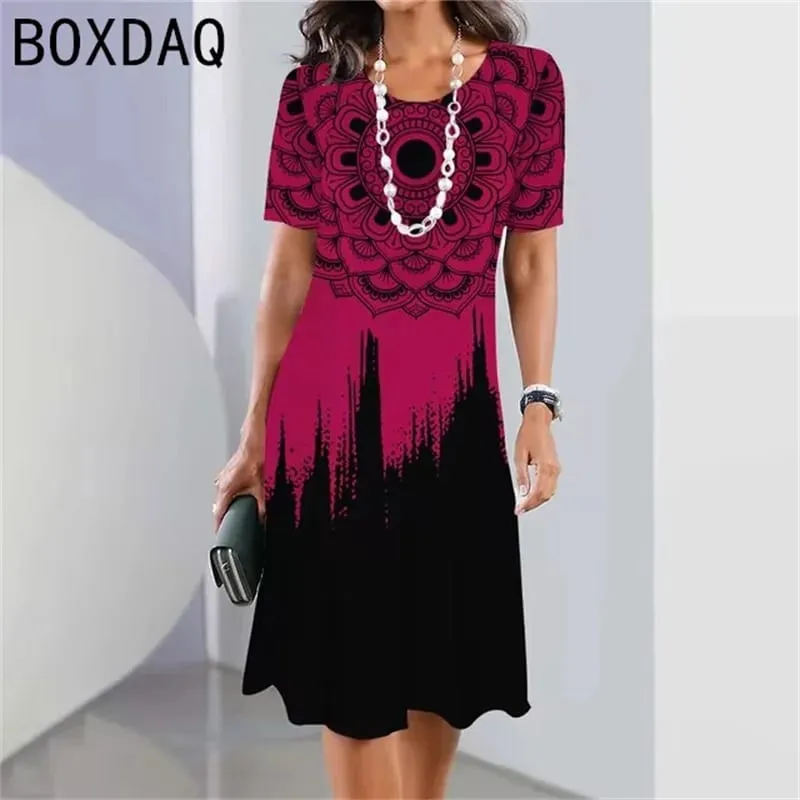 Big Size Women Dress 3D Colorful Gradient Print A-Line Dress Summer O-Neck Short Sleeve Casual Dress Elegant Loose Mini Dresses