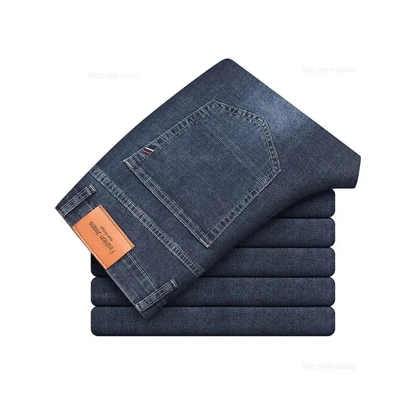 Summer Thin Men's Elastic Cotton Jeans Fashion Gray Comfortable Business Straight Casual Pants Brand Male Clothes Trousers — image 12