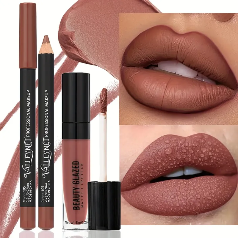 2pcs Wooden Lipstick Pens with 1pc Matte Lip Gloss Set Long-Lasting Resistant Waterproof Ideal Beauty Products for Gifting. — image 2