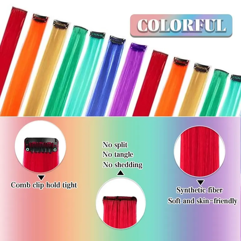 7 Pack Rainbow Color Block synthetic Hair Extensions Colorful Women's Wigs Highlight Color Straight Clip-in Hair Extensions — image 3