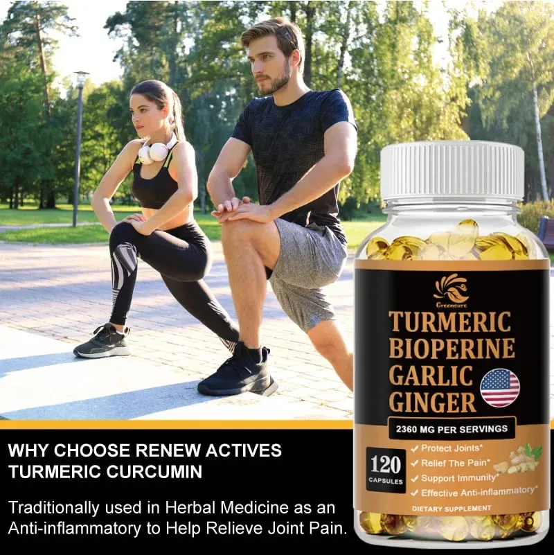 Curcumin Ginger Root Garlic Pills Black Pepper Supplements - for Joint Digestion & Immune Support