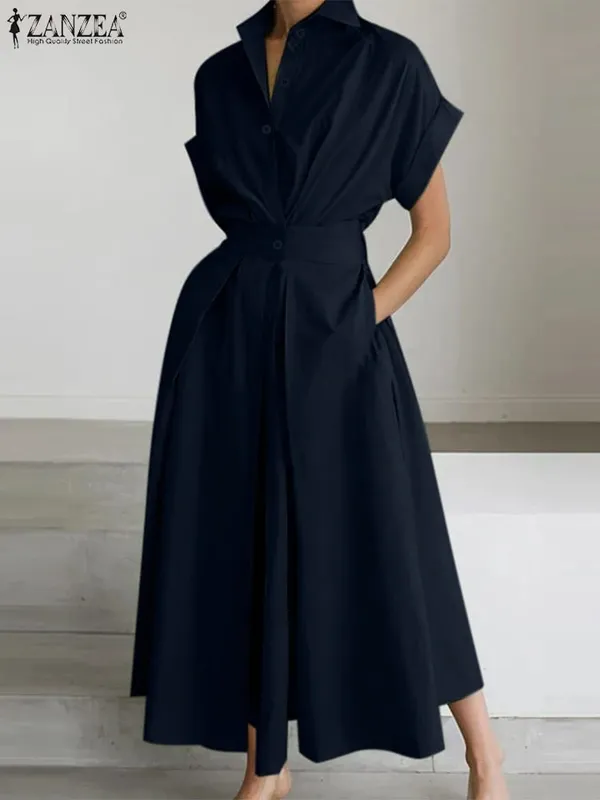 Elegant Chic Women Long Dresses Casual Short Sleeve Collared High Waisted Casual & Day Shirt Dress Solid Color S-3XL