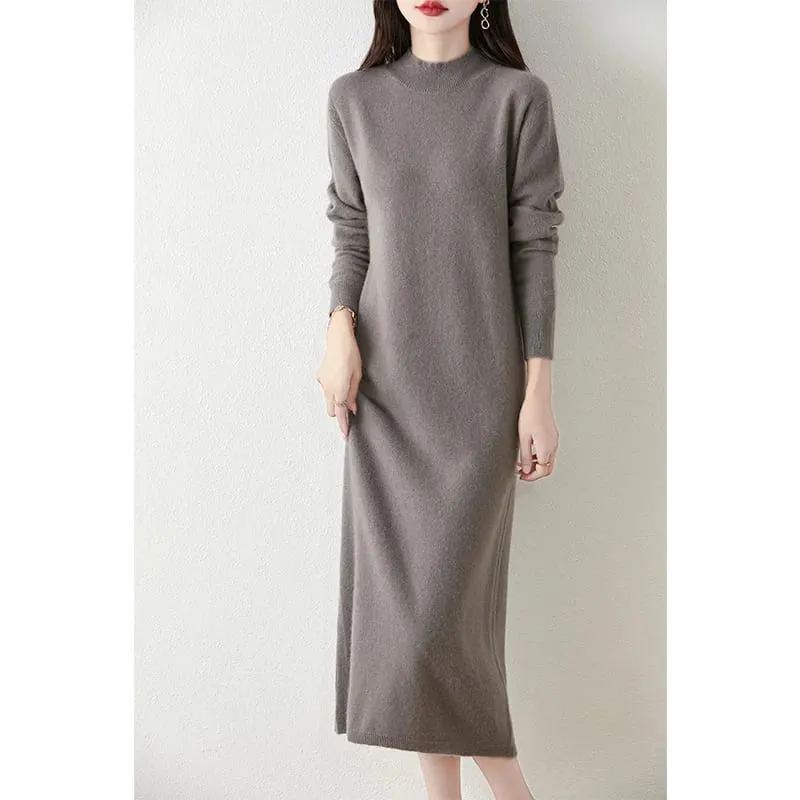 Autumn Winter Women's Wool Long Dress Cashmere Mock Neck Pullover Sweater 100% Merino Wool Soft Knitwear OL Simple Basic Dress — image 9