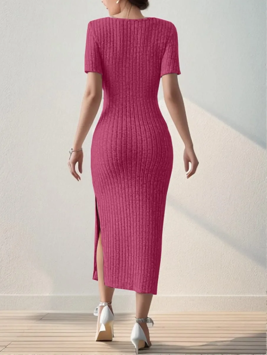 Summer Square Neck Hip-Hugging Mid-Length Skirt Short-Sleeved Versatile Knitted Slit Dress — image 7