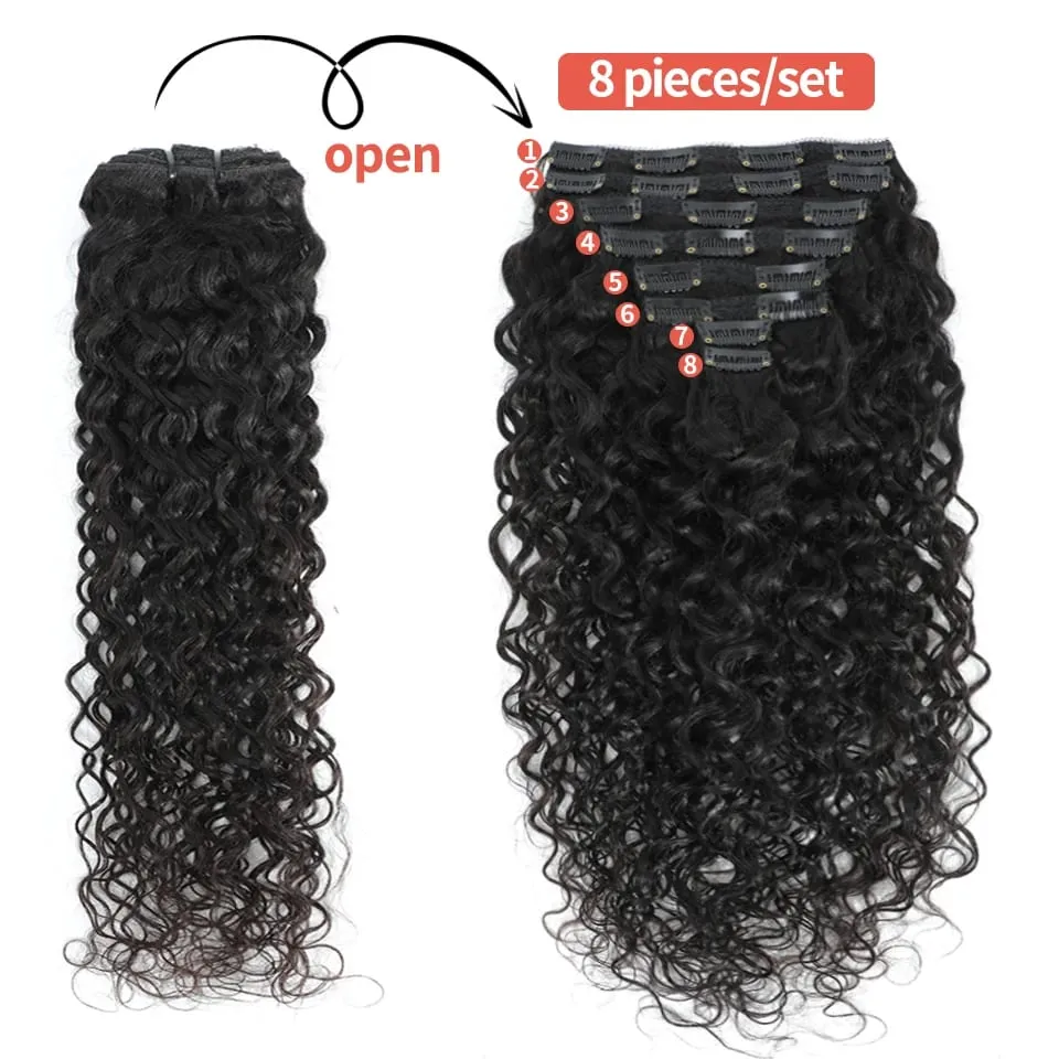 15A Curly Clip In Hair Extensions Human Hair Water Wave Clip 8PC/Set 120g Curly Wavy Clip Hair Wig For Women Remy Virgin Hair