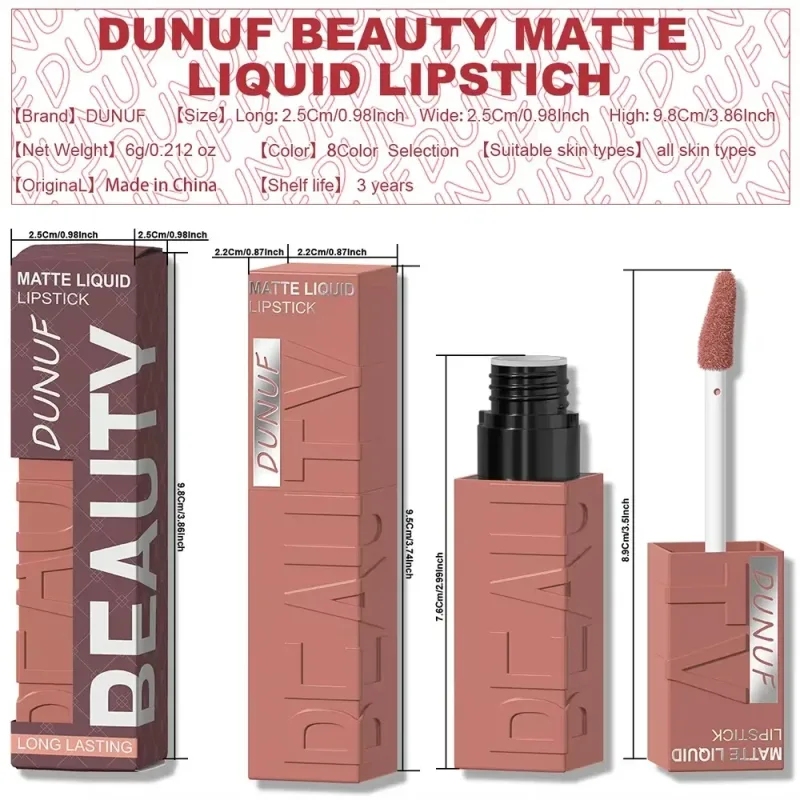 8-Color Lip Matte Smooth Easy-to-Apply Square Gloss Tube Velvet Waterproof Three-Dimensional Sexy Plumping Lipstick Makeup